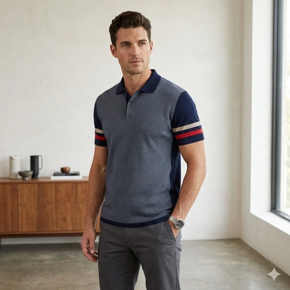 Gucci Mens Navy Blue Striped Sleeve Cotton Polo Shirt Made‎ in Italy Size M